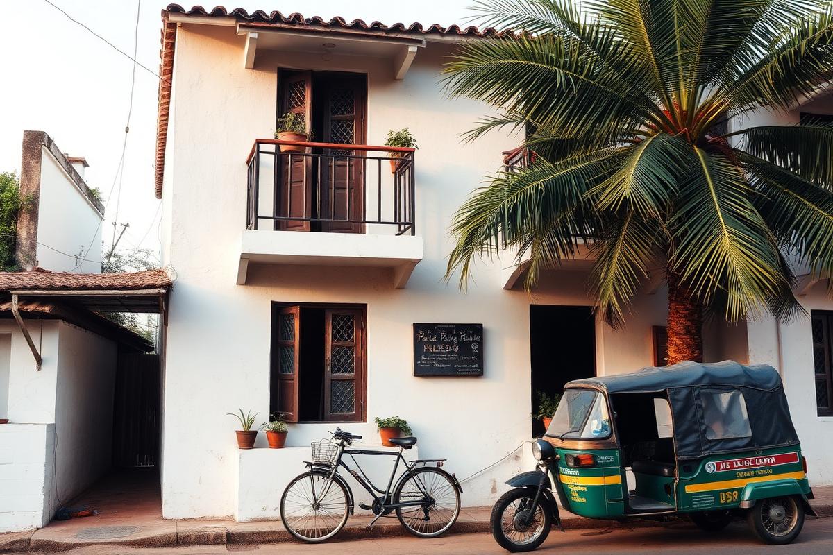 Local Jaffna Sri Lanka guesthouse with whitewashed walls, small balconies, potted plants, palmyrah palm beside it and parked bicycle and tuk-tuk in front in calm morning light