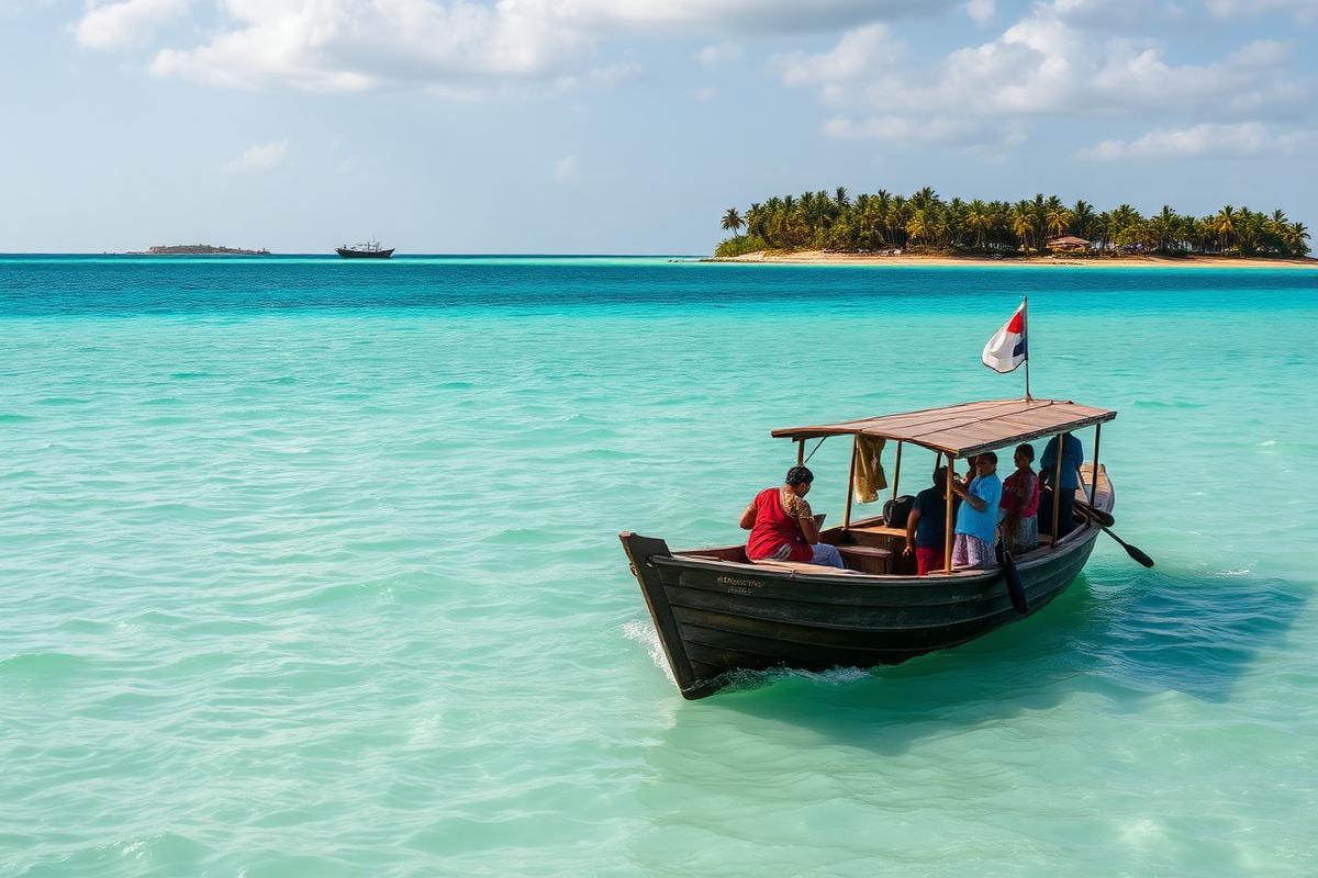 Nainativu Nagadeepa island ferry boat northern Sri Lanka small wooden passenger ferry on calm shallow turquoise sea between Jaffna islands with palmyrah-lined low islands in distance