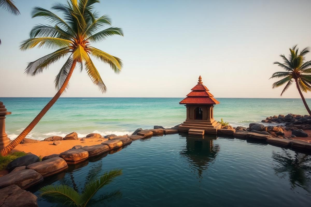 Keerimalai natural springs and small Hindu temple by the sea near Kankesanthurai northern Sri Lanka with palmyrah palms in golden hour light
