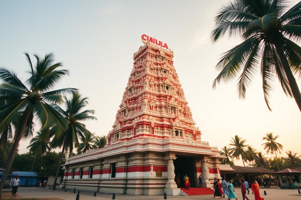 Nallur Kandaswamy Kovil Hindu temple in Jaffna Sri Lanka with ornate red and white striped gopuram tower, palmyrah palms and devotees in soft golden hour light