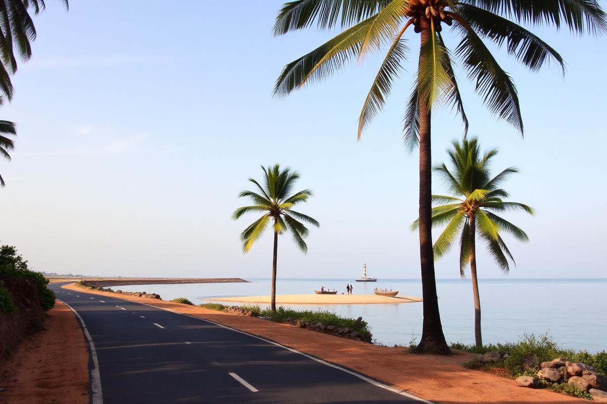 Point Pedro northern coast Sri Lanka quiet coastal road with palmyrah palms, fishing boats and a small lighthouse in calm afternoon light