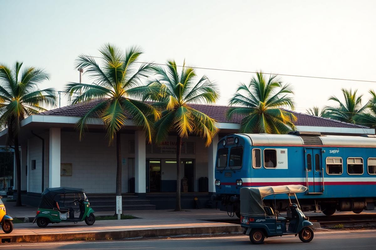 Jaffna railway station Sri Lanka with palmyrah palms, a blue Sri Lankan train at the platform and tuk-tuks parked outside in calm afternoon light