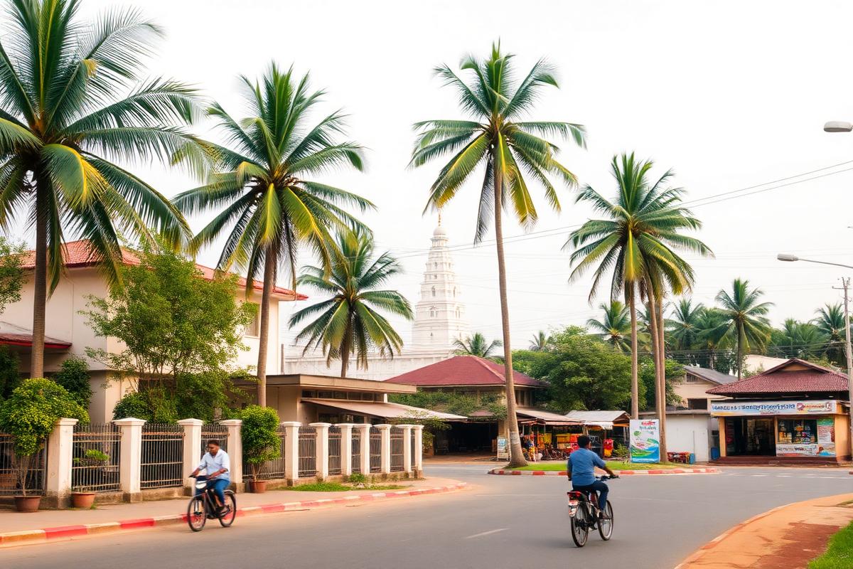 Thirunelveli area near Jaffna University Sri Lanka with university buildings, palmyrah palms, students cycling and a small kovil tower in calm daylight