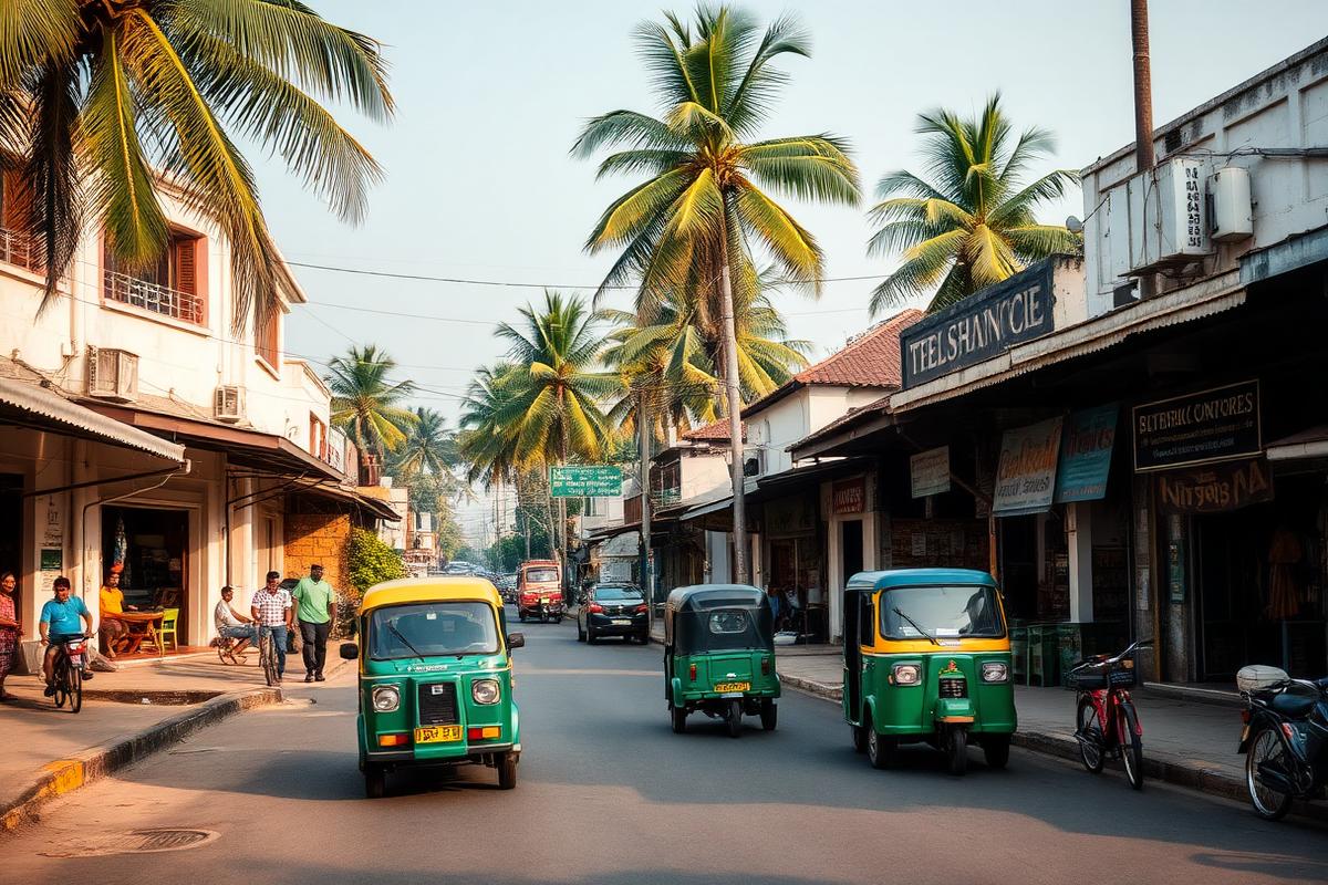Jaffna town centre Sri Lanka with low-rise shophouses, palmyrah and coconut palms, tuk-tuks and bicycles in calm afternoon northern Sri Lanka light