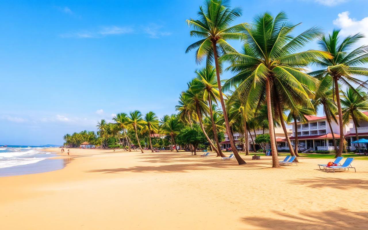 Kalutara Beach Sri Lanka long west coast golden sandy beach with tall coconut palms, calm Indian Ocean waves and beachfront resort buildings behind the palms
