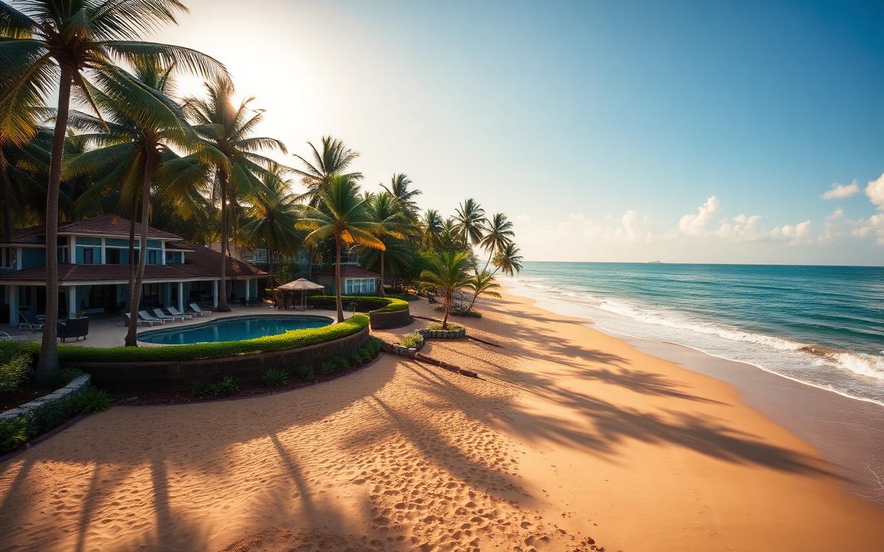 Bentota Sri Lanka classic west coast beach resort with river meeting ocean, palm-lined sandbar, luxury resort with pool and palm trees on a sunny tropical afternoon