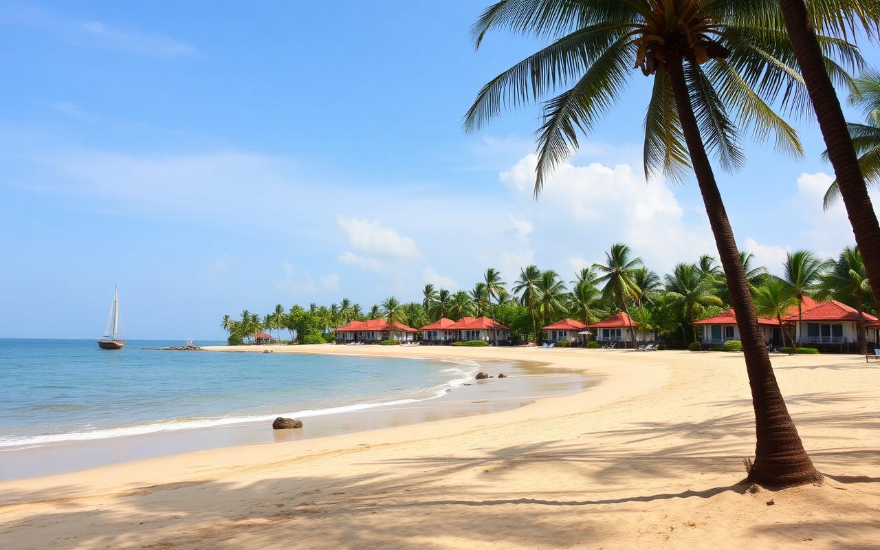 Beruwala Sri Lanka large beach resort area with long sandy beach, low-rise resort hotels behind palm trees and calm Indian Ocean on a sunny tropical day