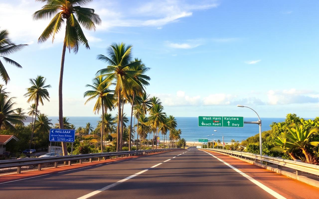 Sri Lanka west coast highway between Colombo and Kalutara with palm trees, distant ocean glimpses, modern road and warm afternoon light with beach resort signage