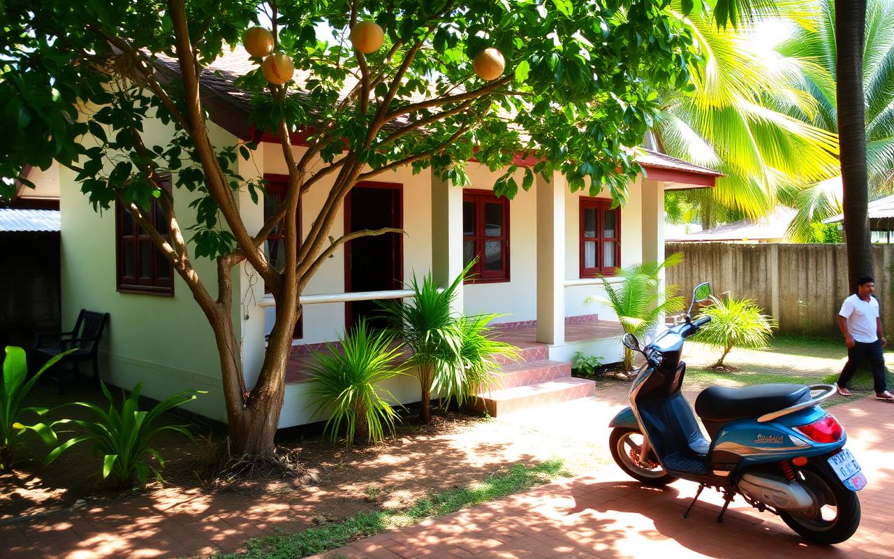 Family-run guesthouse near Kalutara Sri Lanka with simple painted bungalow, leafy garden, mango tree, palm trees and parked scooter in casual local atmosphere