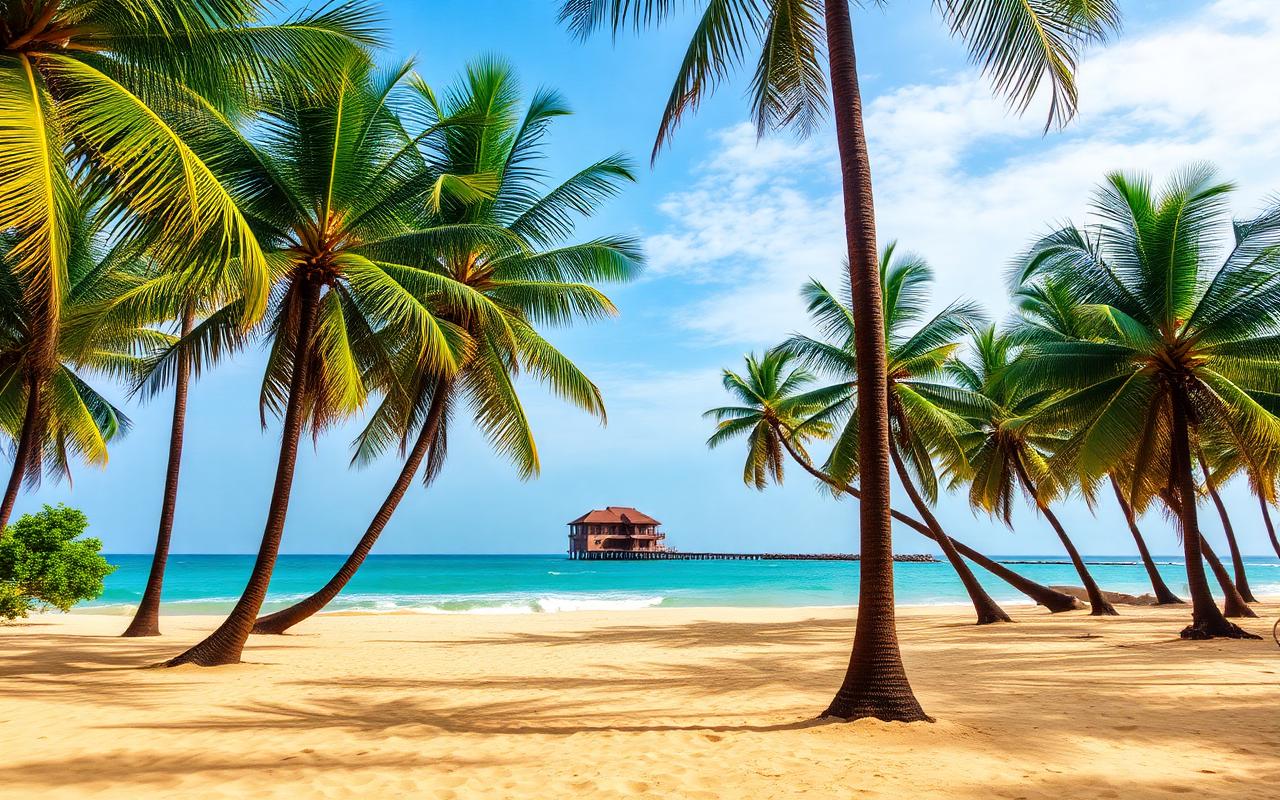 Moragalla Sri Lanka quiet west coast beach between Beruwala and Bentota with tall palm trees, soft golden sand, calm turquoise sea and a small boutique hotel behind palms