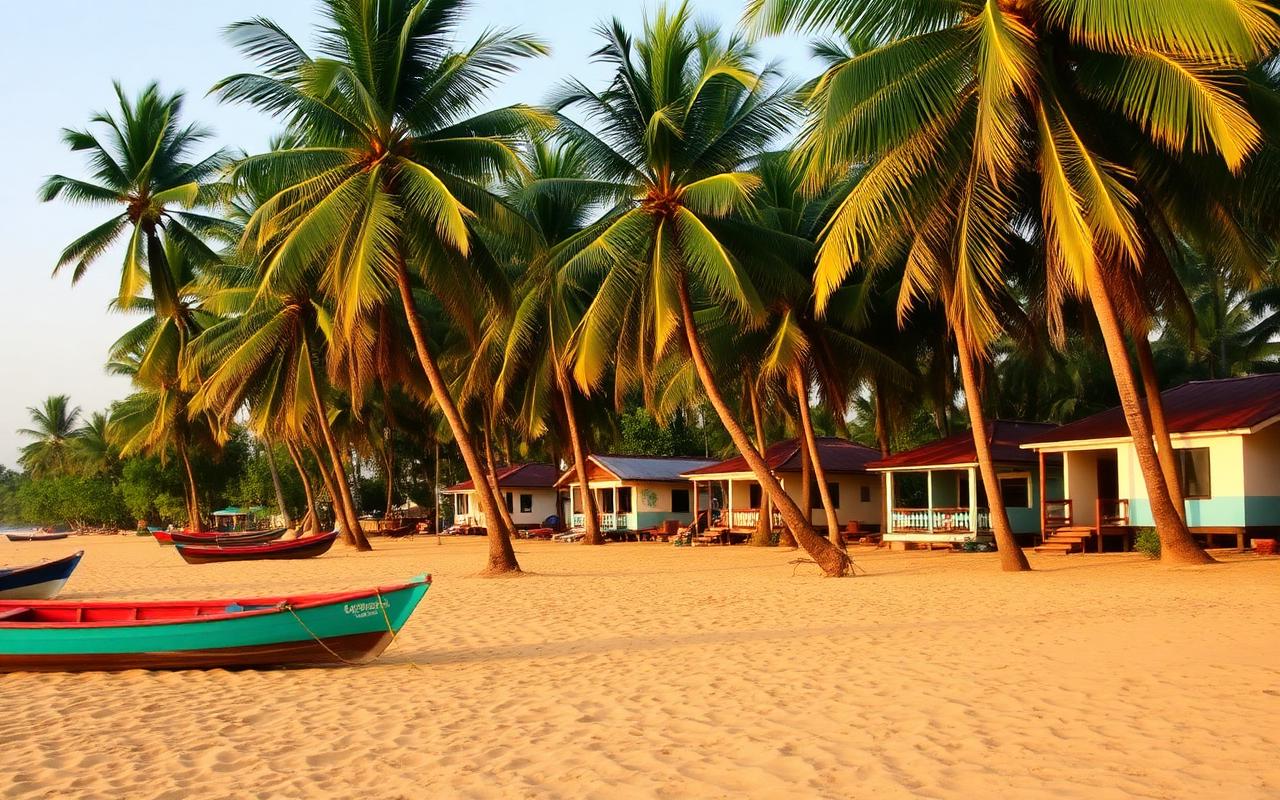 Payagala Maggona Sri Lanka quiet local west coast village beach with coconut palms, simple painted fishing boats, golden sand and modest local guesthouses behind palms