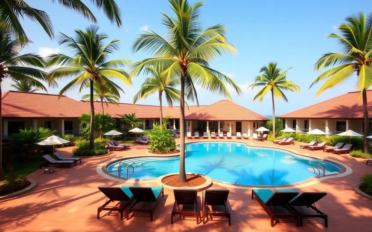 Family resort pool in Kalutara Sri Lanka with palm trees around the deck, large blue pool, sun loungers and low-rise tropical resort building on a sunny day
