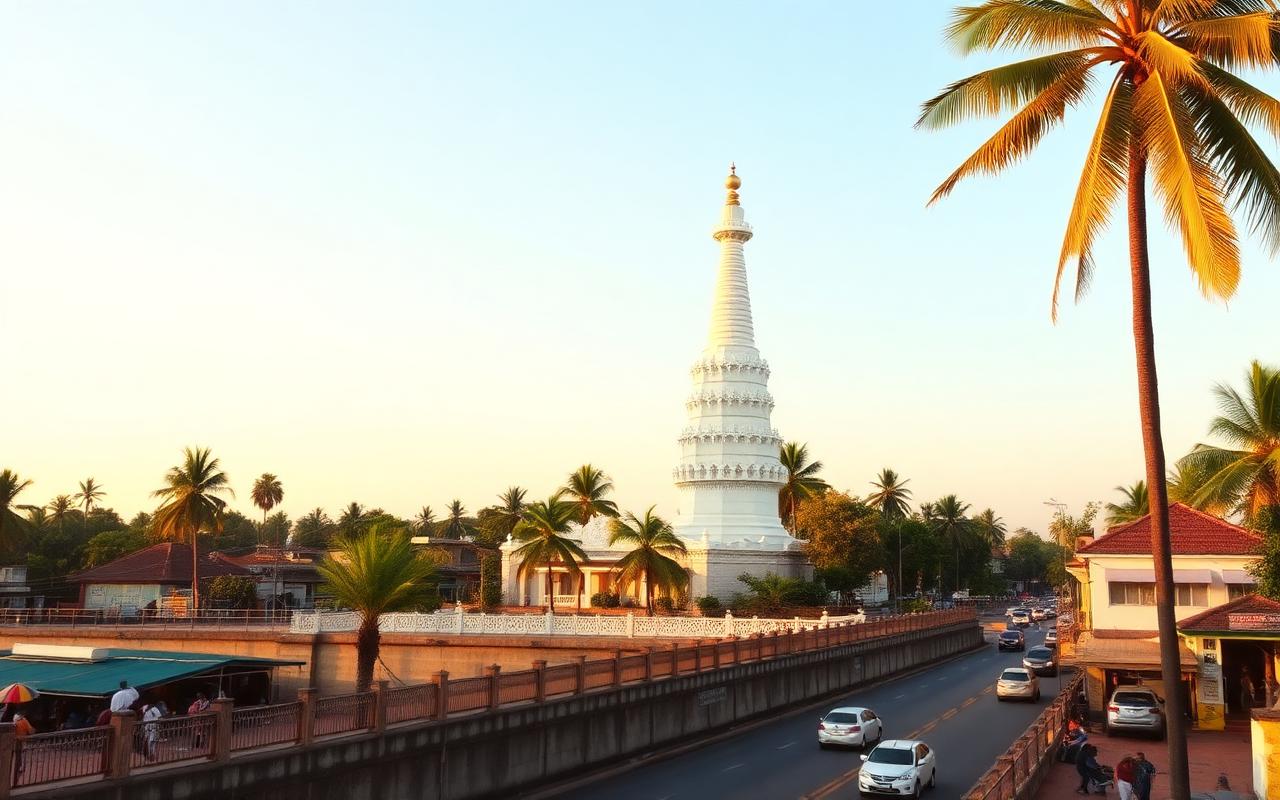 Kalutara town Sri Lanka view of the iconic white Kalutara Bodhiya stupa near the bridge with palm trees, road traffic and local town atmosphere at golden hour