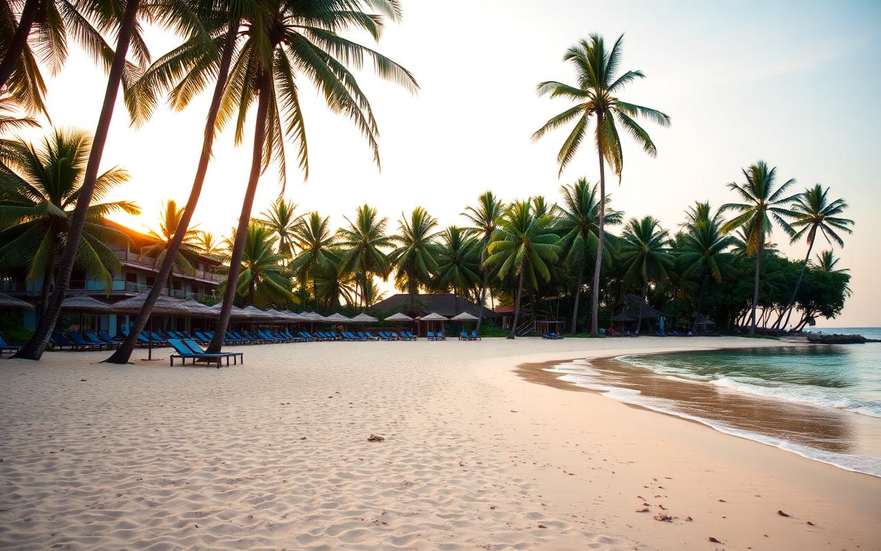 Wadduwa Sri Lanka quiet long sandy west coast beach lined with tall coconut palms, beach resort with thatched umbrellas and pool visible behind palms at golden hour