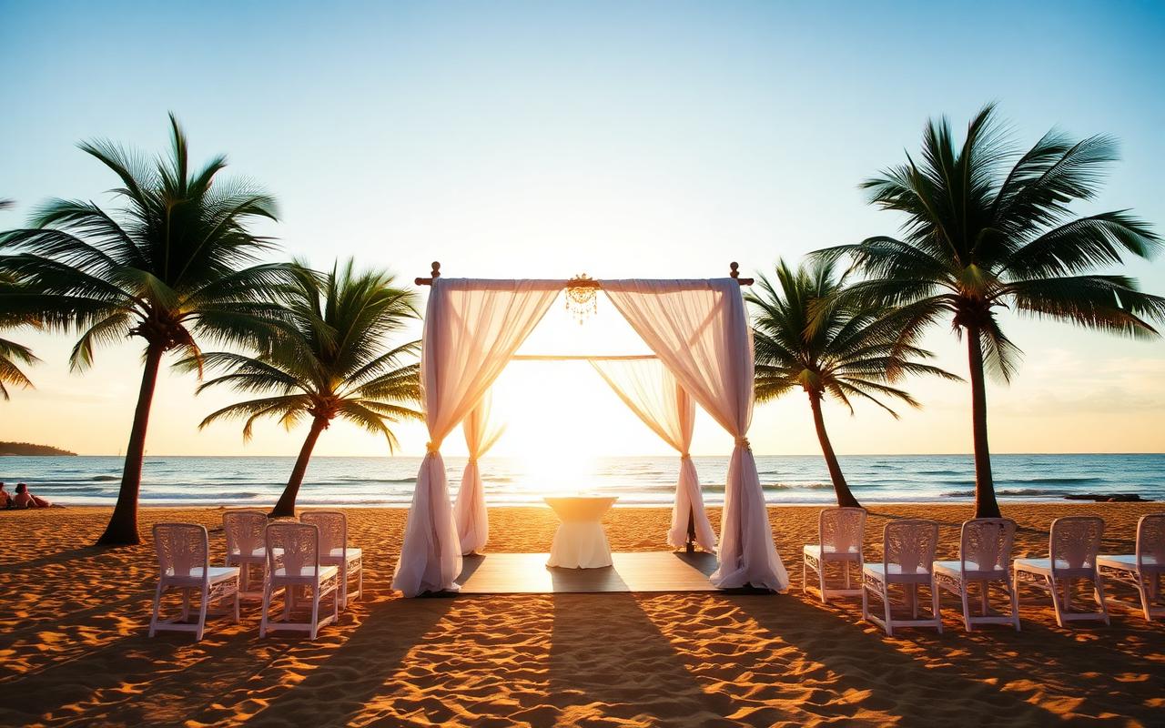 Beach wedding venue at a Kalutara Sri Lanka west coast resort with white draped wedding gazebo on golden sand, palm trees and warm sunset light