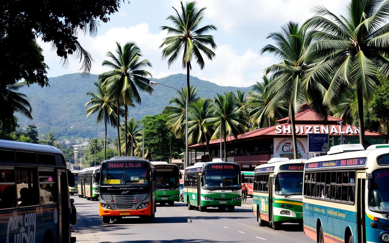 Kandy bus stand Sri Lanka with local buses, busy street, palm trees and surrounding hills