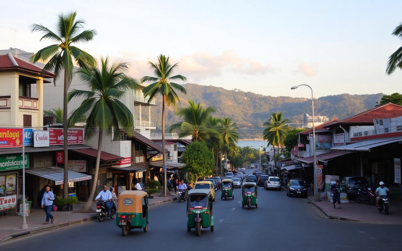 Kandy city centre Sri Lanka with busy main street, shops, three-wheelers, palm trees and hill country backdrop