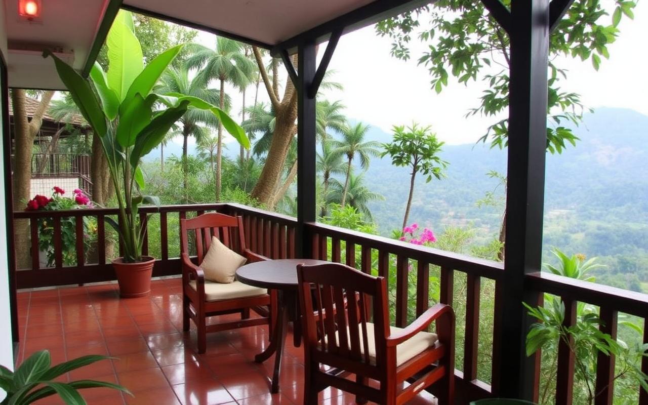 Family friendly hotel reference near Kandy Sri Lanka with garden, veranda and hill view