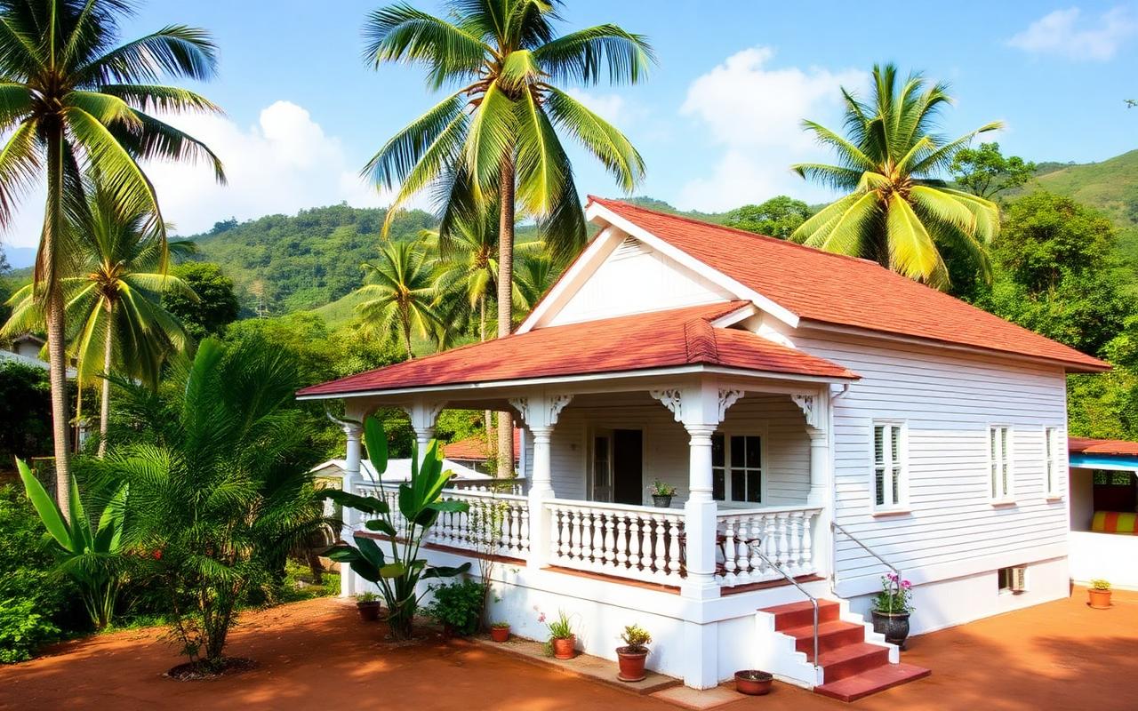 Family-run guesthouse near Kandy Sri Lanka with white painted house, veranda, tropical garden and hill country backdrop