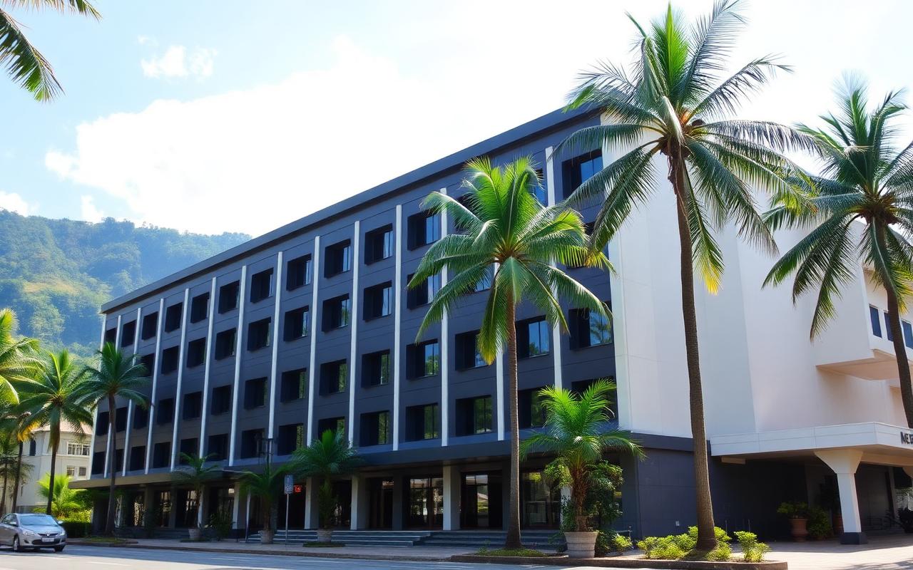 Larger city hotel reference in Kandy Sri Lanka with modern facade, palm trees and hill country backdrop