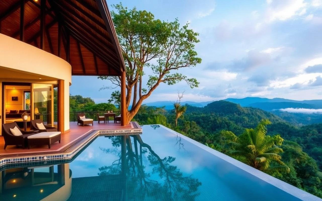 Luxury hillside resort near Kandy Sri Lanka with infinity pool overlooking green hills, terrace lounge and elegant tropical architecture