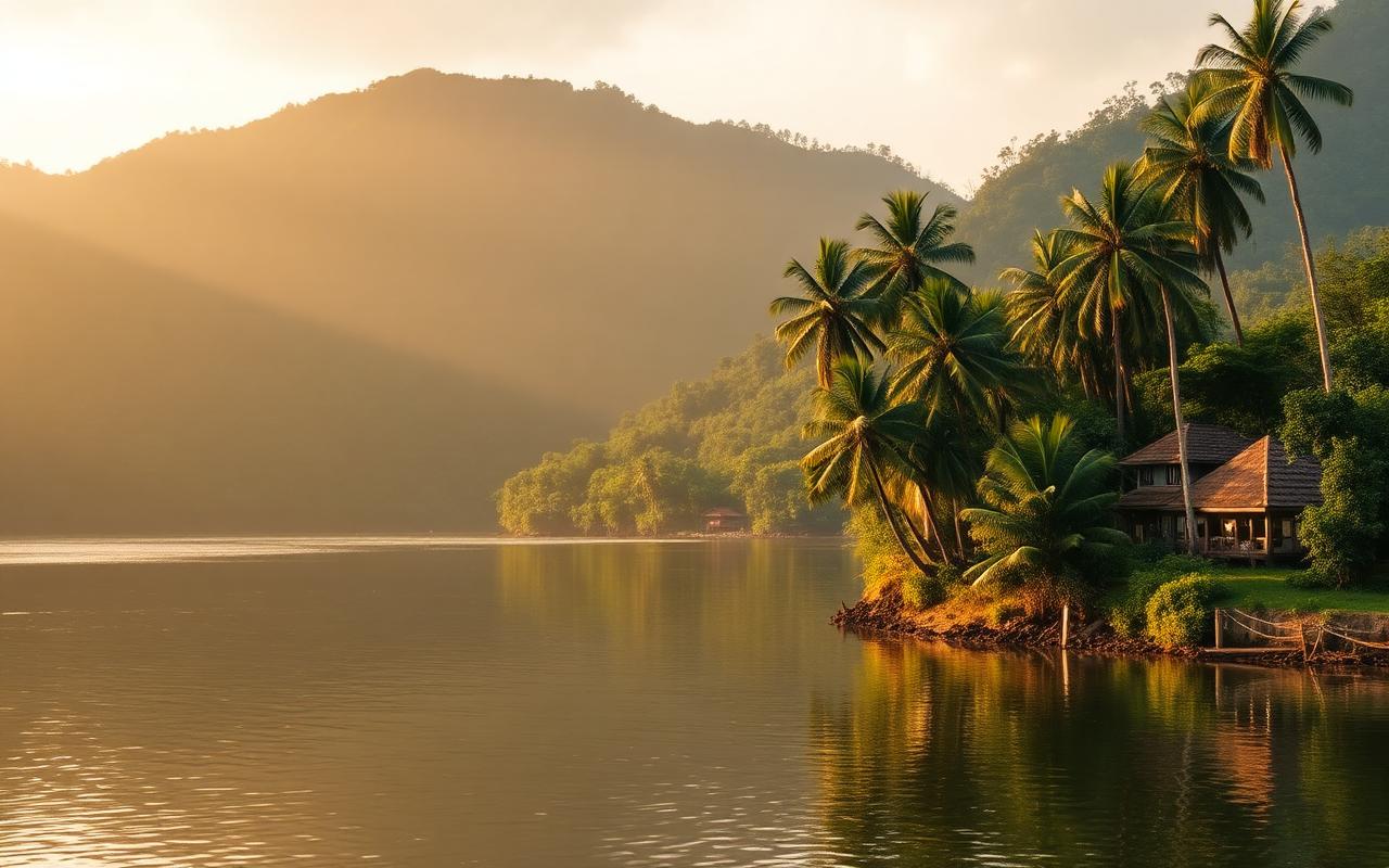 Mahaweli River near Kandy Sri Lanka with calm river water, lush green hills and tropical riverside hotel setting at golden hour