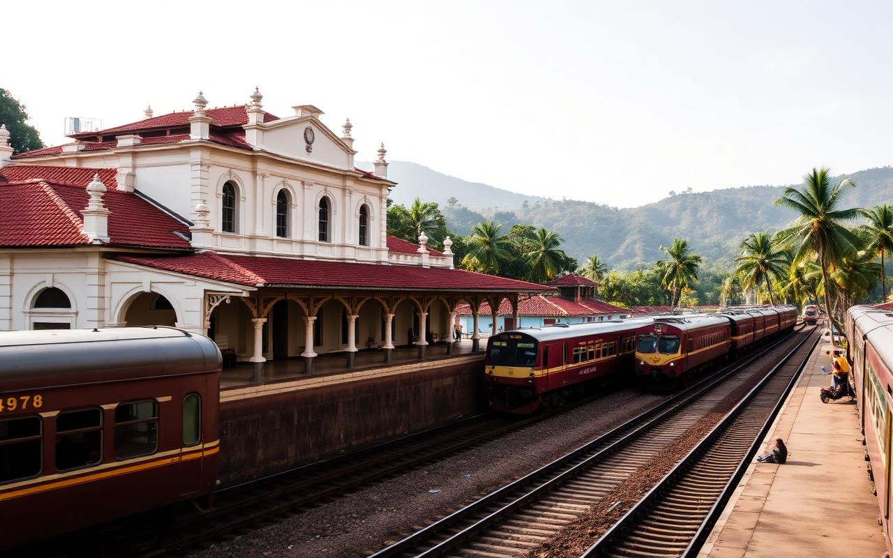 Kandy railway station Sri Lanka with colonial station building, passenger trains and palm trees against hill country