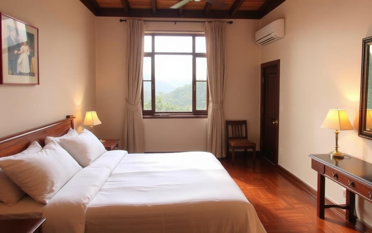 Simple double bed hotel room reference in Kandy Sri Lanka with plain decor and window opening to hill view
