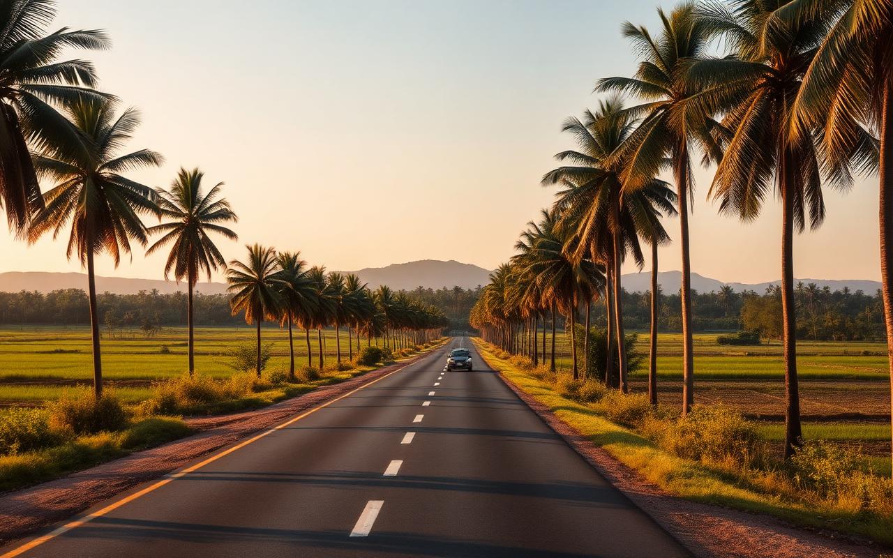 Buttala road southern Sri Lanka in late afternoon light with quiet two-lane country road lined with palm trees, paddy fields, low hills and a single car driving in golden light