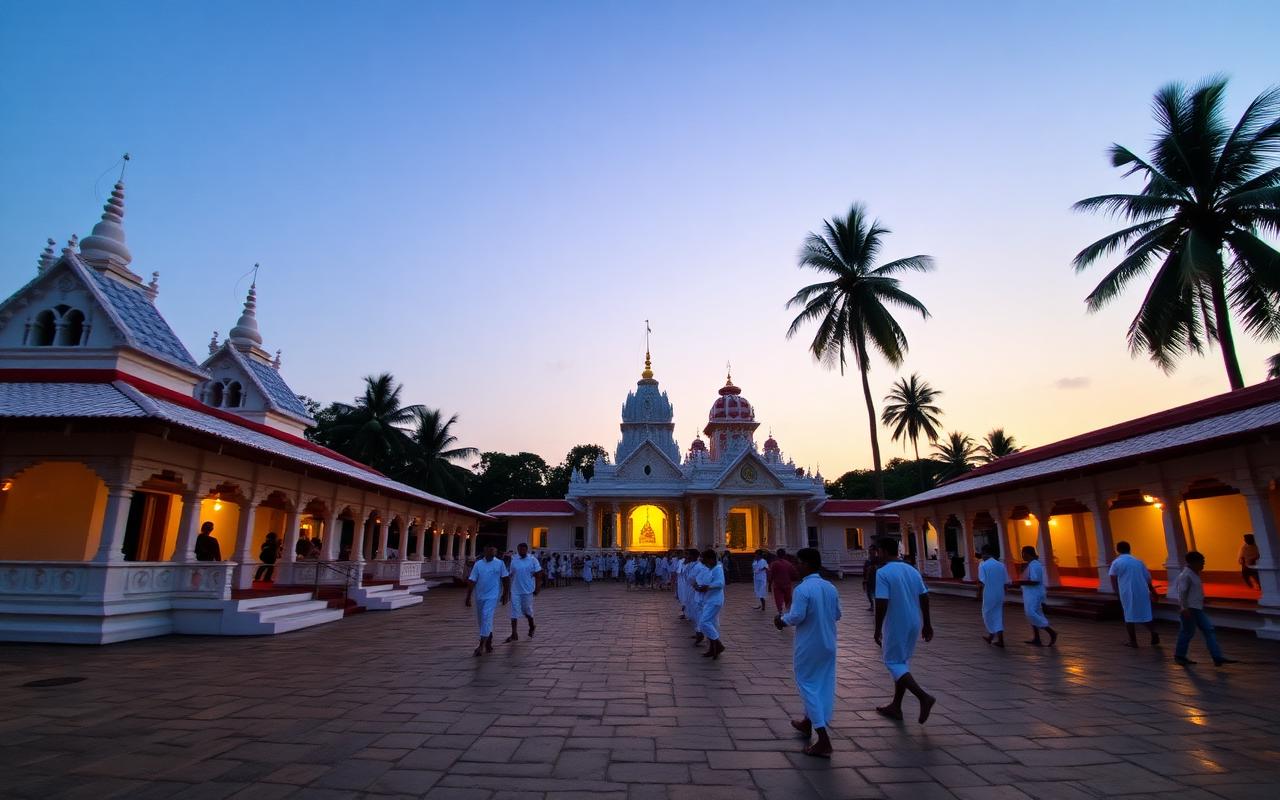Ruhunu Maha Kataragama Devalaya temple courtyard Sri Lanka at dusk with white shrine buildings, oil lamps, pilgrims walking barefoot in white and palm trees