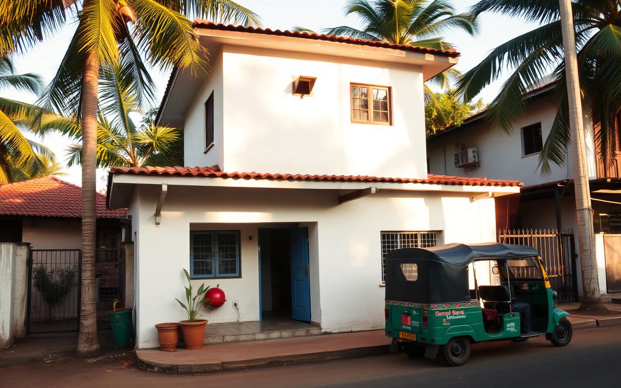 Local guesthouse area in Kataragama Sri Lanka in afternoon light with simple two-storey whitewashed guesthouse, palm trees, a tuk-tuk parked outside and a quiet residential lane