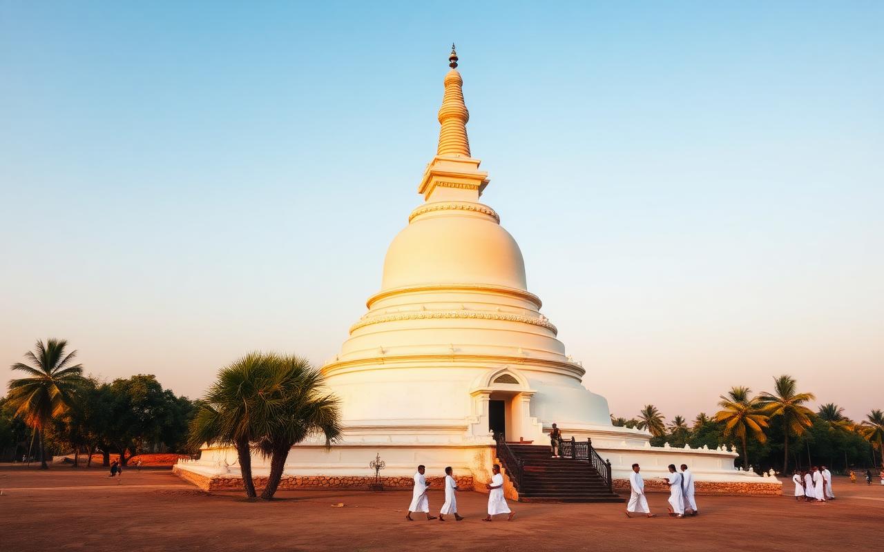 Kiri Vehera dagoba Kataragama Sri Lanka at golden hour with large ancient white stupa, palm trees, dry-zone landscape and a few pilgrims walking around its base