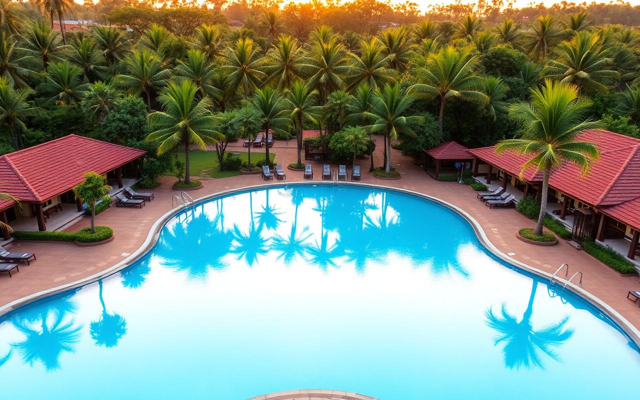 Outside-town family resort near Kataragama Sri Lanka at golden hour with curved swimming pool, palm trees, low-rise buildings with terracotta roofs and garden loungers
