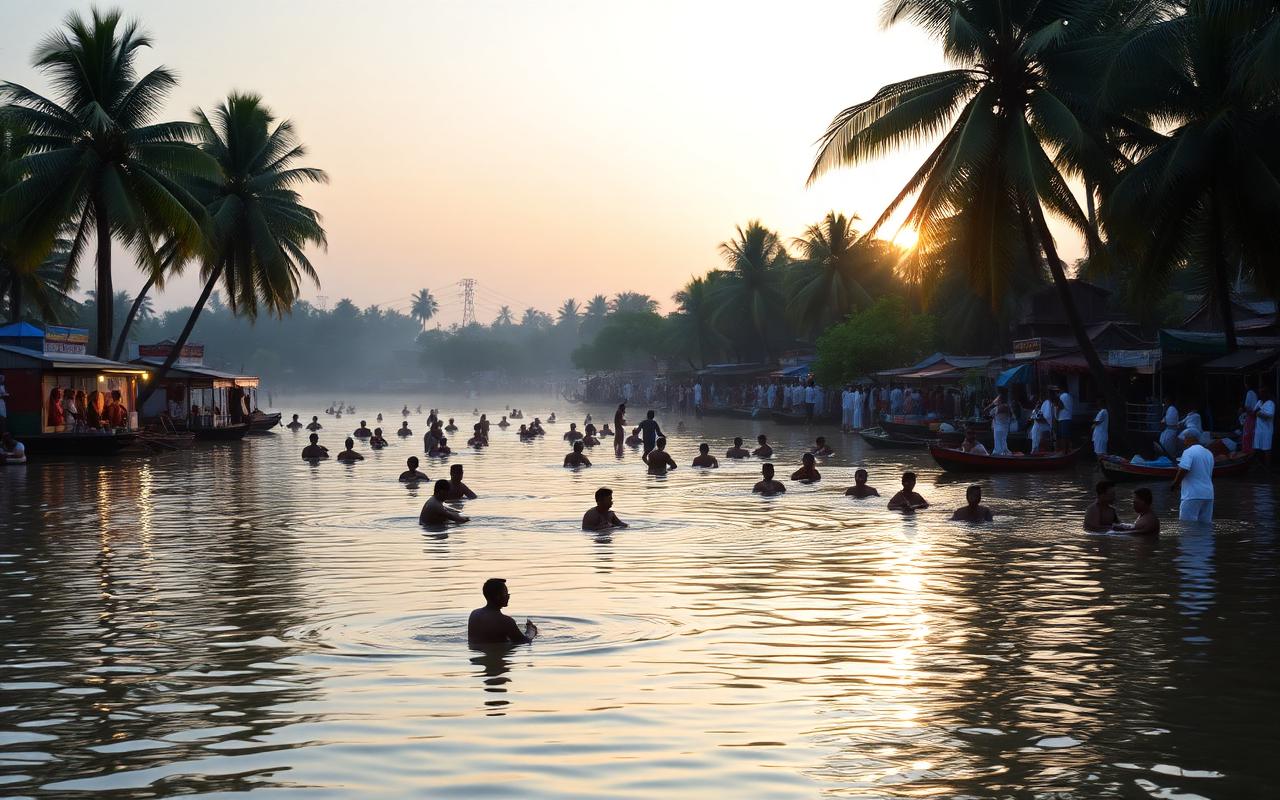 Menik Ganga river at Kataragama Sri Lanka at sunrise with pilgrims in white bathing, palm trees on the riverbank and soft golden light