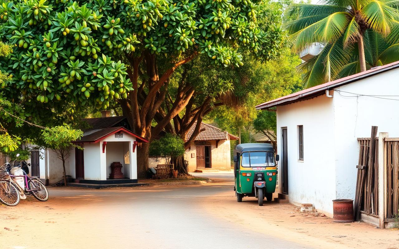 Sellakataragama Sri Lanka quiet rural lane in afternoon light with small shrine, mango and palm trees, a tuk-tuk and a low whitewashed building