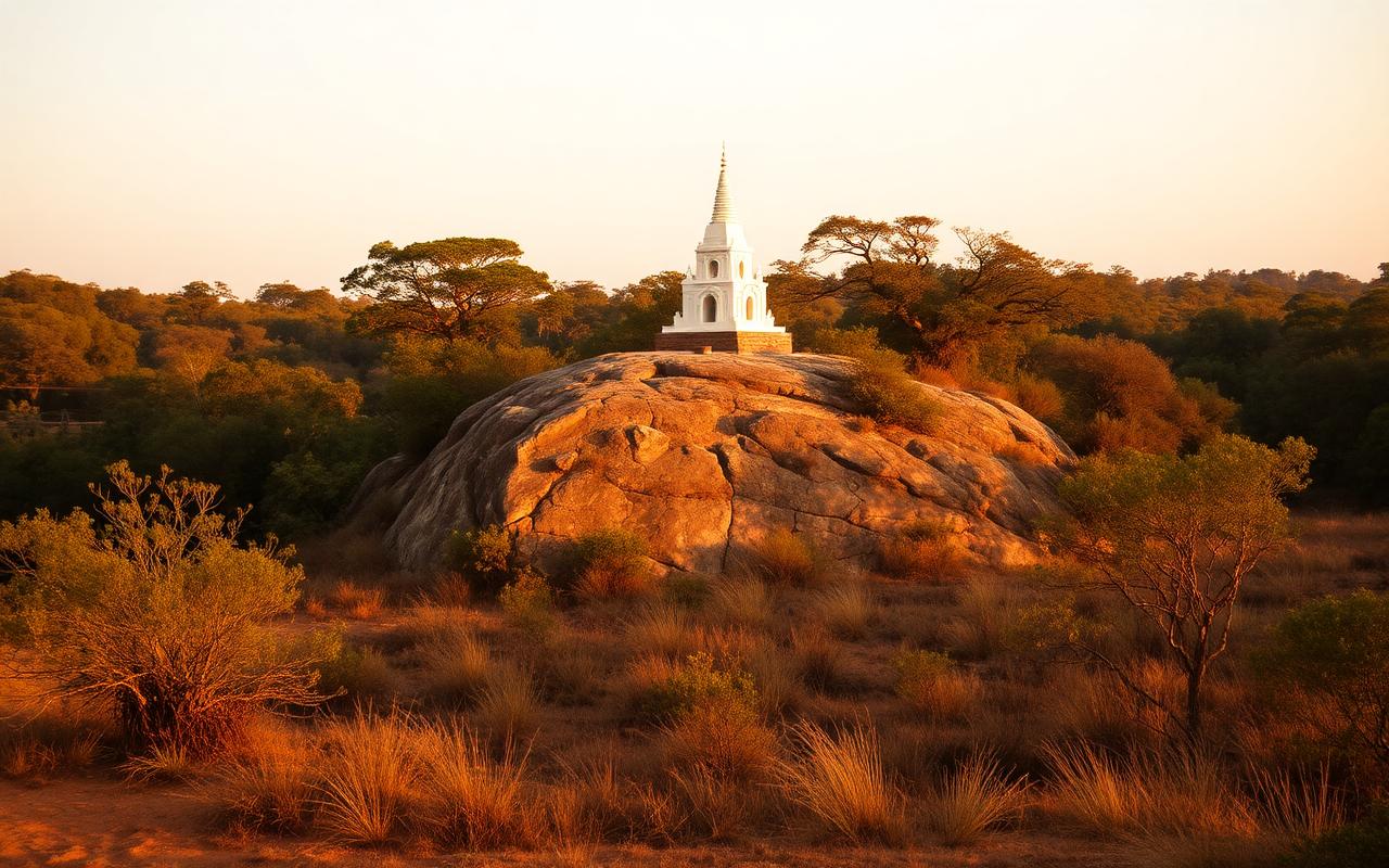 Sithulpawwa rock temple near Kataragama Sri Lanka at golden hour with ancient white stupa atop a granite rock surrounded by dry-zone jungle