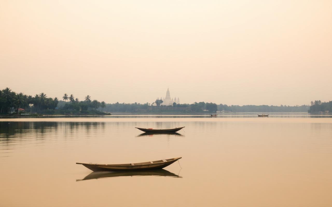 Tissamaharama lake (Tissa Wewa) Sri Lanka near Kataragama at sunrise with calm reflective water, ancient white stupa silhouette, palm trees and small fishing boats