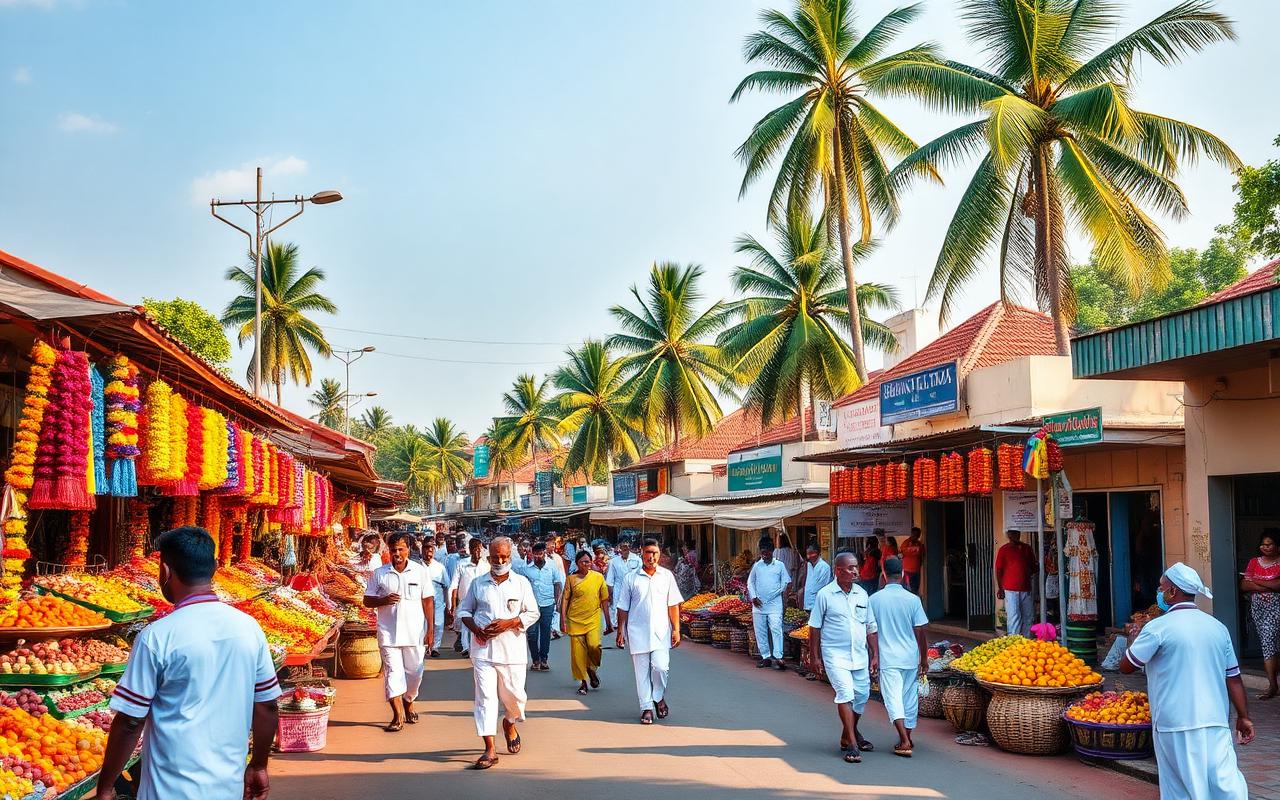 Kataragama town centre Sri Lanka in warm afternoon light with pilgrim market street, flower garland stalls, fruit baskets, white-clad pilgrims and palm trees