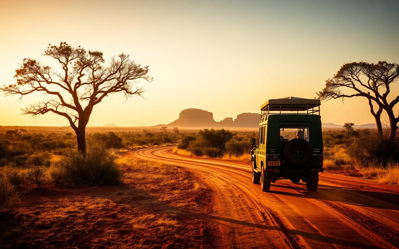 Yala park access road near Kataragama Sri Lanka at golden hour with safari jeep on a red dirt track, dry-zone scrubland, acacia trees and distant rocky outcrops