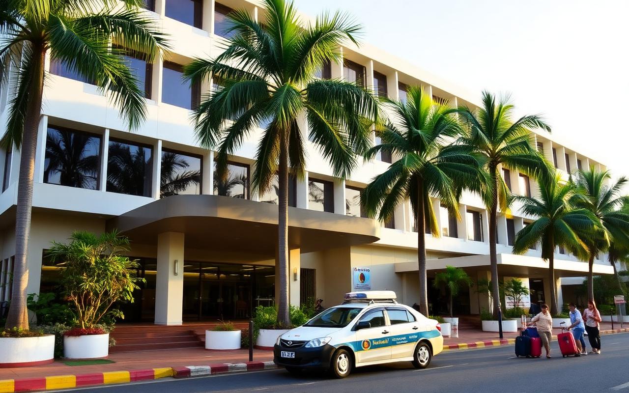 Modern airport-area hotel exterior in Katunayake Sri Lanka with palm trees, taxi at the entrance and travelers with luggage