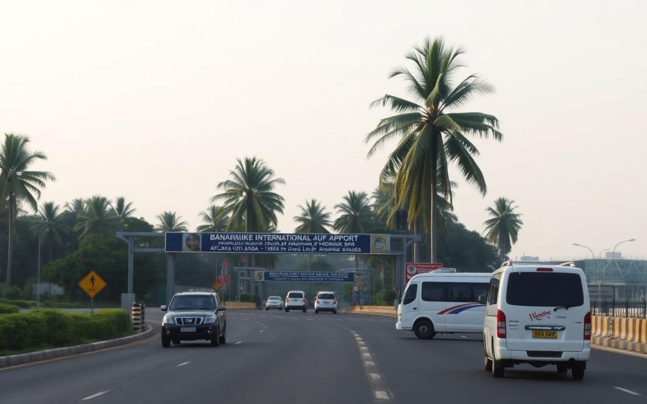Approach road toward Bandaranaike International Airport in Katunayake Sri Lanka with palm trees, signage and transfer vehicles