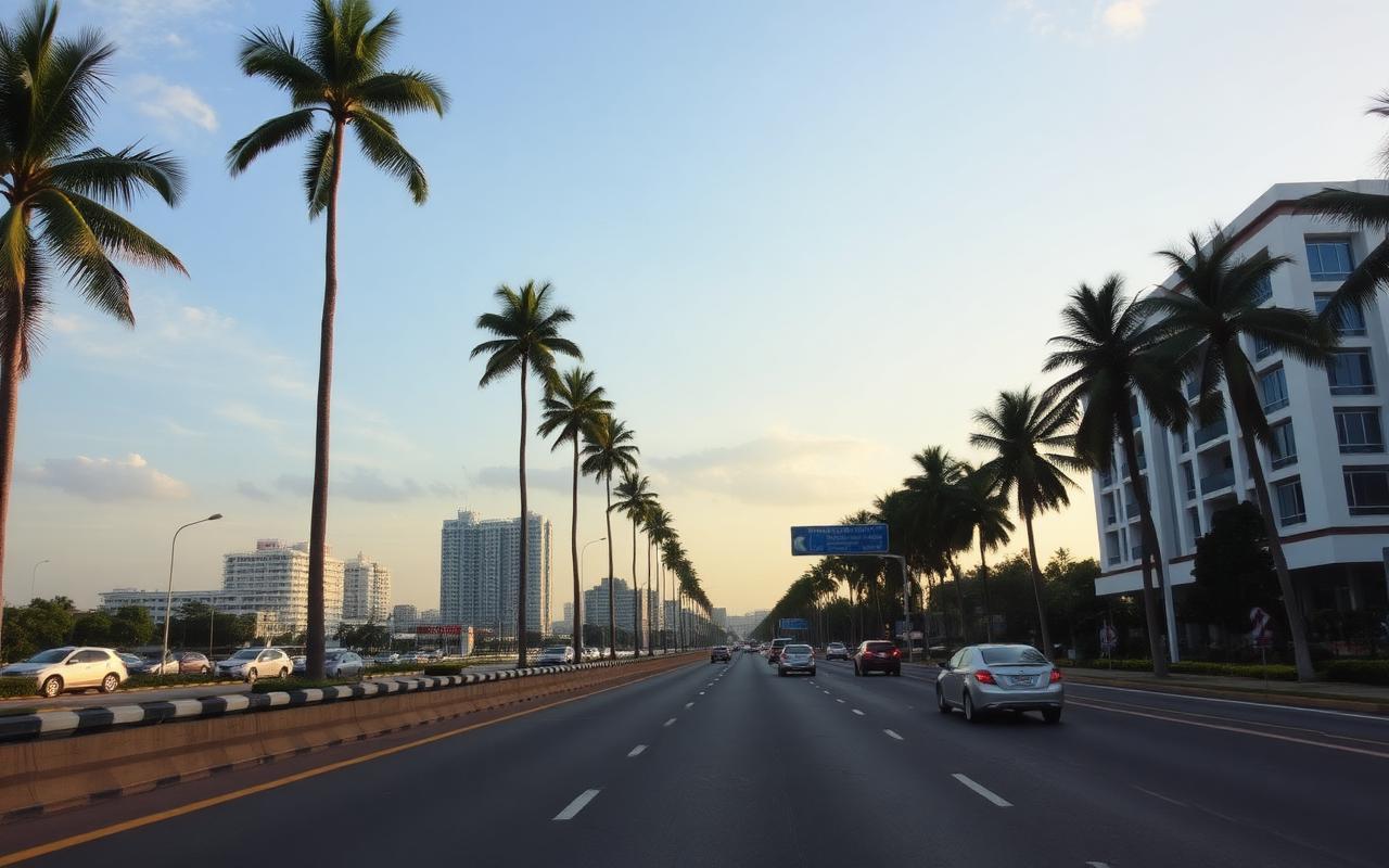 Colombo road / airport expressway near Katunayake Sri Lanka with palm trees, roadside hotels and cars heading toward the city