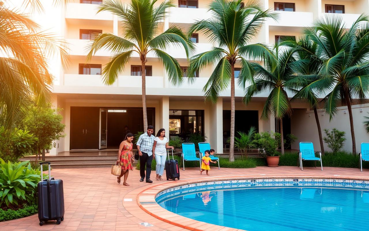 Family-friendly airport hotel near Katunayake Sri Lanka with a small pool, palm trees and parents with kids and luggage at the entrance