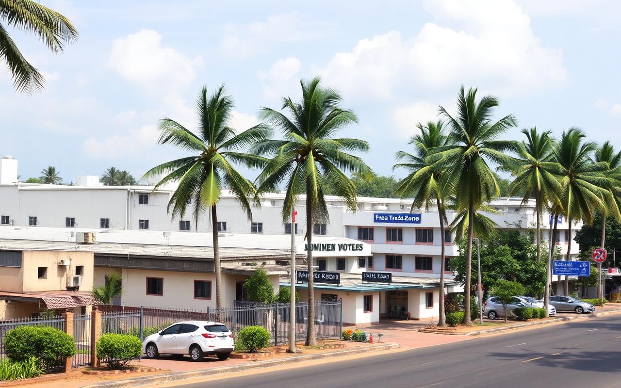 Katunayake Free Trade Zone area in Sri Lanka with modest industrial buildings, palm trees and a small business hotel