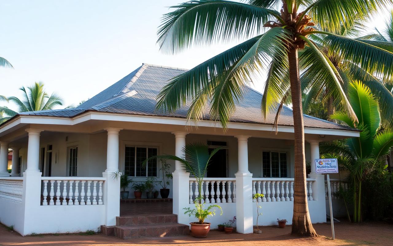 Simple family-run guesthouse near Katunayake Sri Lanka with white facade, veranda, palm trees and tropical garden