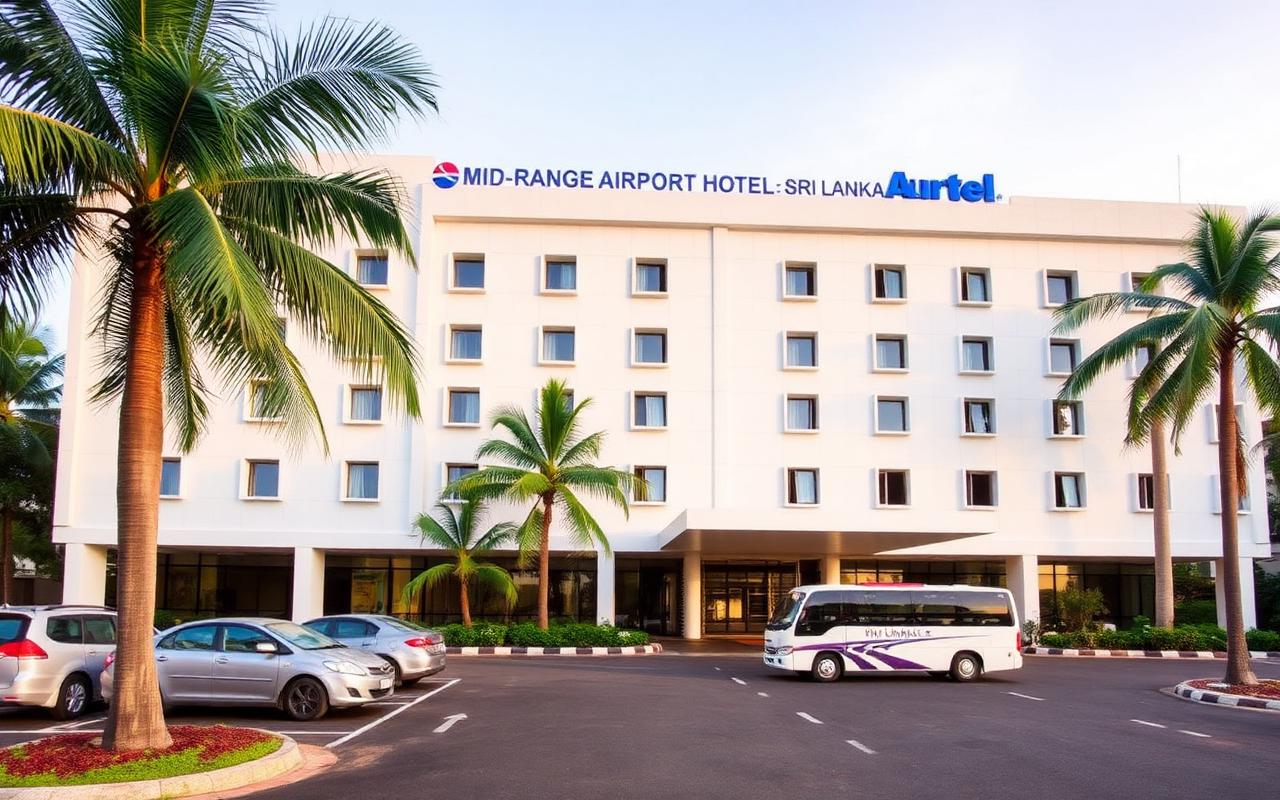 Mid-range airport hotel reference in Katunayake Sri Lanka with white facade, parking and shuttle van