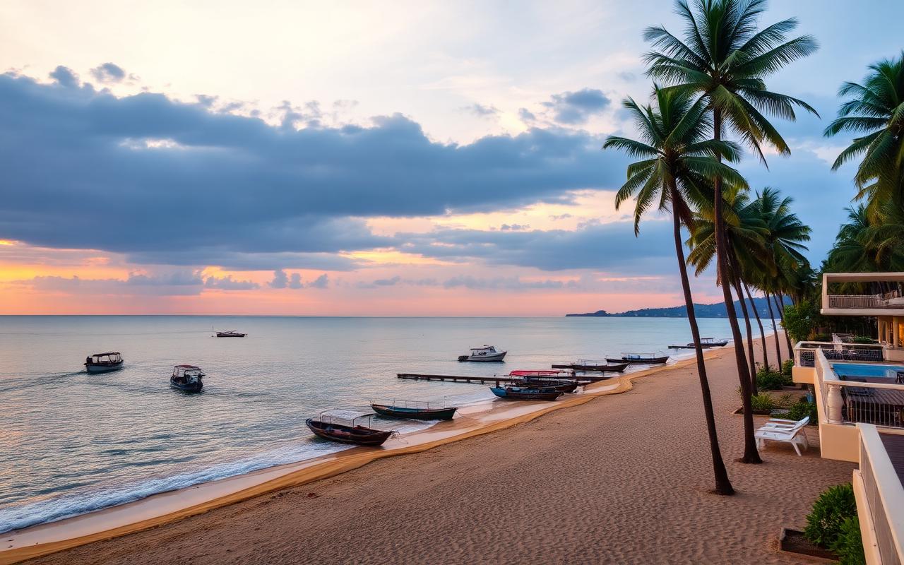 Negombo beach near Katunayake Sri Lanka at sunset with palm trees, fishing boats and beachfront hotel