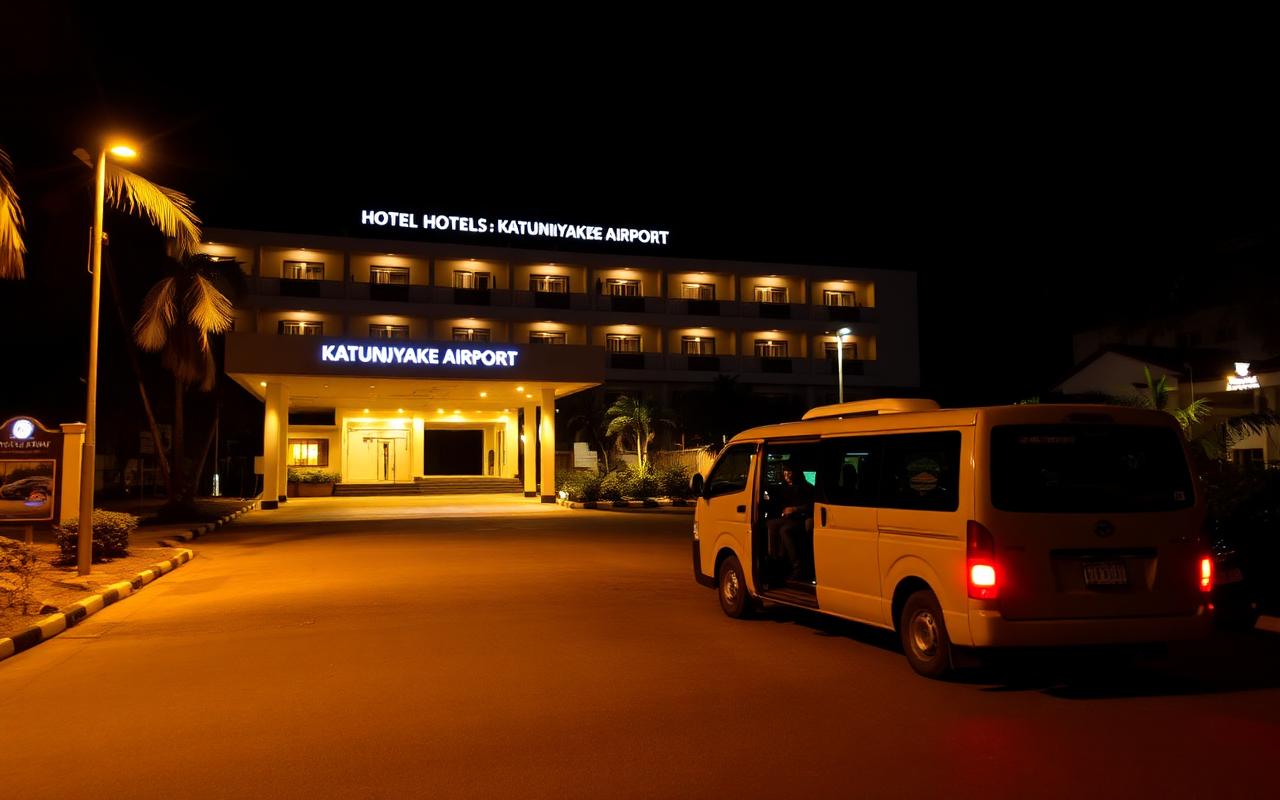Airport-area hotel near Katunayake Sri Lanka at night with warm lights, palm trees and a shuttle van waiting at the entrance