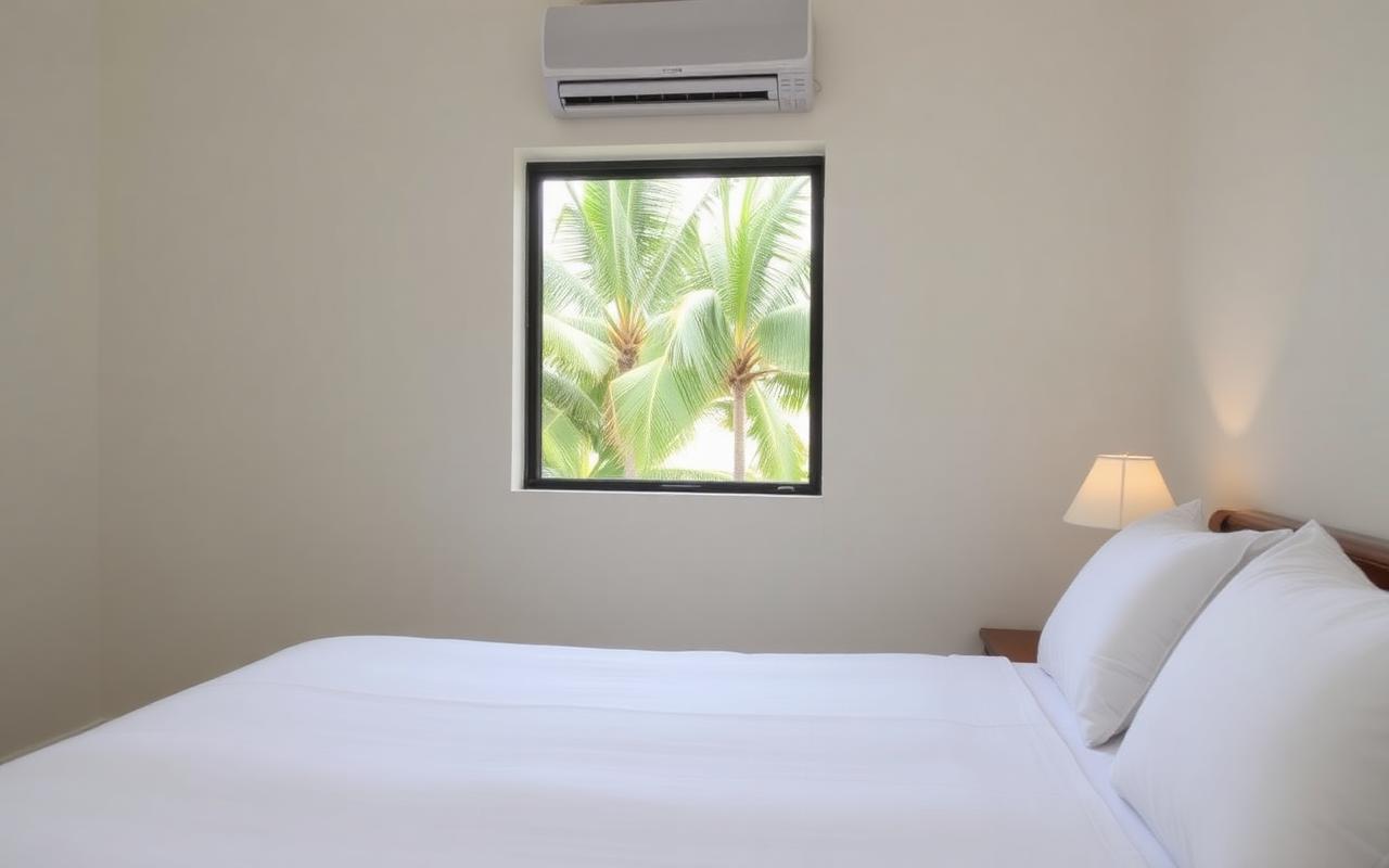 Clean simple hotel room near Katunayake Sri Lanka with white sheets, AC unit and window opening to palm trees
