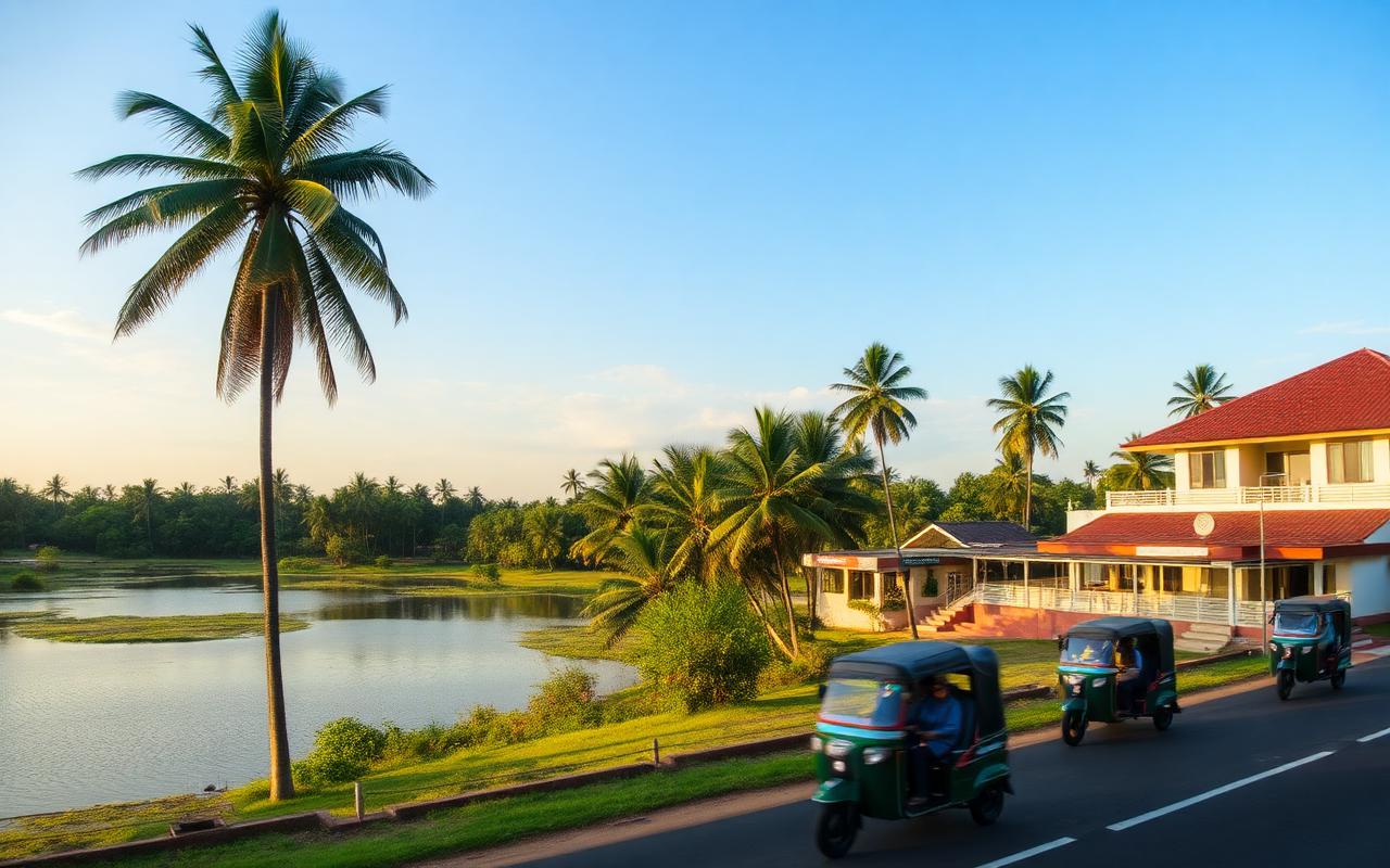 Seeduwa area near Katunayake Sri Lanka with a small lakeside view, palm trees and a roadside hotel
